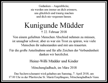 Traueranzeige von Kunigunde Müdder von trauer.extra-tipp-moenchengladbach.de