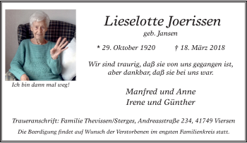 Traueranzeige von Lieselotte Joerissen von trauer.extra-tipp-moenchengladbach.de