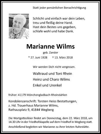 Traueranzeige von Marianne Wilms von trauer.extra-tipp-moenchengladbach.de