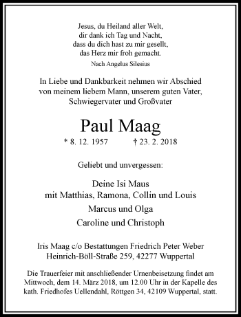 Traueranzeige von Paul Maag von trauer.wuppertaler-rundschau.de