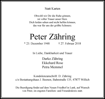 Traueranzeige von Peter Zähring von trauer.extra-tipp-moenchengladbach.de