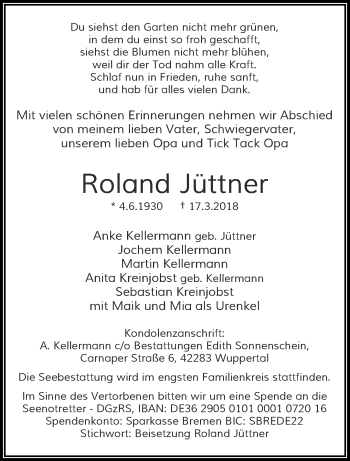 Traueranzeige von Roland Jüttner von trauer.wuppertaler-rundschau.de
