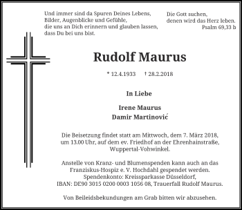 Traueranzeige von Rudolf Maurus von trauer.wuppertaler-rundschau.de