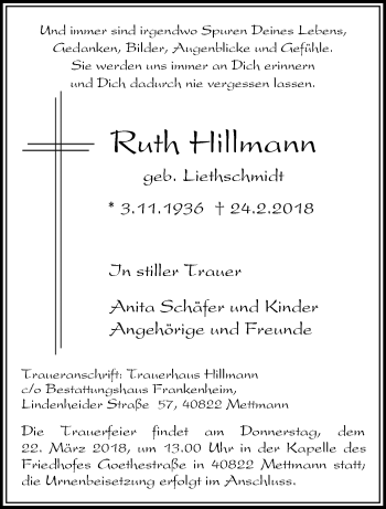 Traueranzeige von Ruth Hillmann von trauer.wuppertaler-rundschau.de