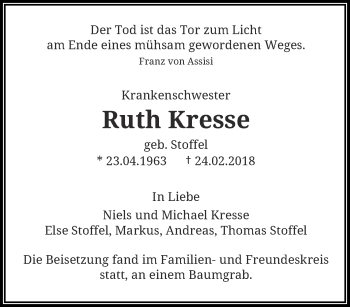 Traueranzeige von Ruth Kresse von trauer.wuppertaler-rundschau.de