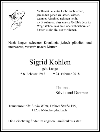 Traueranzeige von Sigrid Kohlen von trauer.extra-tipp-moenchengladbach.de