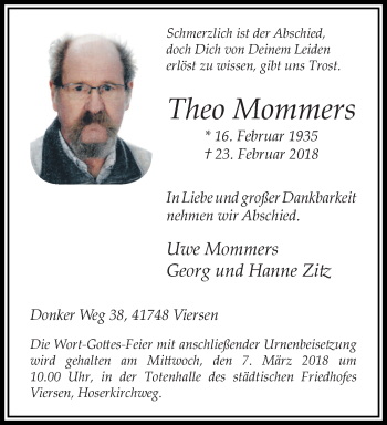 Traueranzeige von Theo Mommers von trauer.extra-tipp-moenchengladbach.de