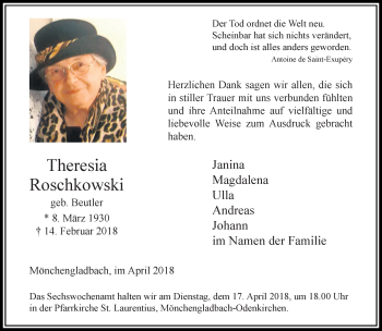 Traueranzeige von Theresia Roschkowski von trauer.extra-tipp-moenchengladbach.de