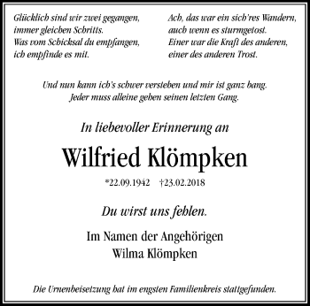 Traueranzeige von Wilfried Klömpken von trauer.stadt-panorame.de