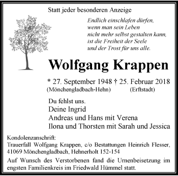 Traueranzeige von Wolfgang Krappen von trauer.extra-tipp-moenchengladbach.de