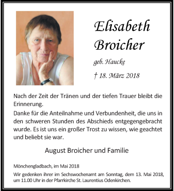 Traueranzeige von Elisabeth Broicher von trauer.extra-tipp-moenchengladbach.de