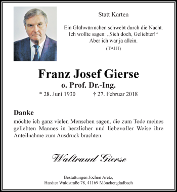 Traueranzeige von Franz Josef Gierse von trauer.extra-tipp-moenchengladbach.de