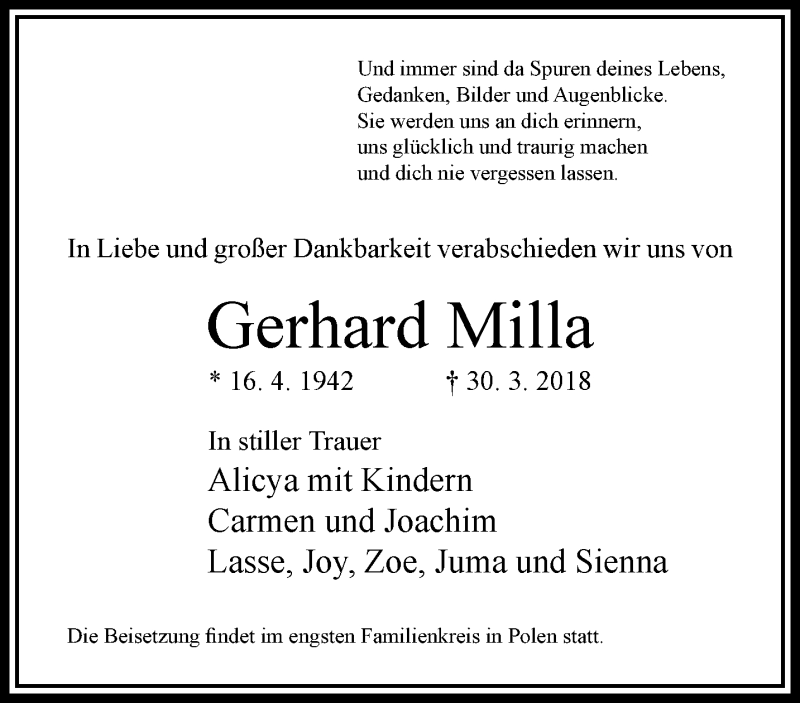  Traueranzeige für Gerhard Milla vom 11.04.2018 aus trauer.duesseldorfer-anzeiger.de