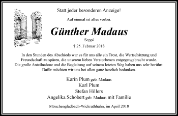 Traueranzeige von Günther Madaus von trauer.extra-tipp-moenchengladbach.de