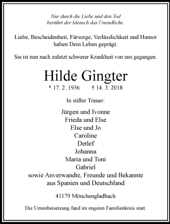 Traueranzeige von Hilde Gingter von trauer.extra-tipp-moenchengladbach.de