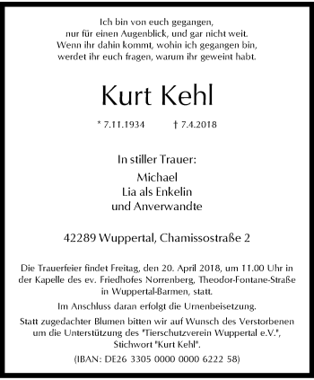 Traueranzeige von Kurt Kehl von trauer.wuppertaler-rundschau.de