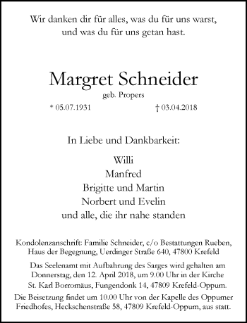 Traueranzeige von Margret Schneider von trauer.mein.krefeld.de