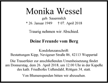 Traueranzeige von Monika Wessel von trauer.wuppertaler-rundschau.de