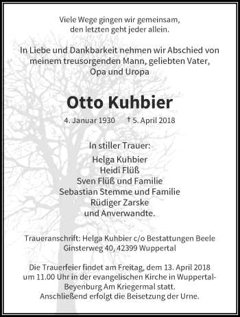 Traueranzeige von Otto Kuhbier von trauer.wuppertaler-rundschau.de