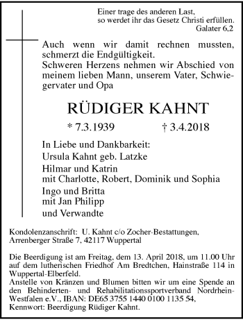 Traueranzeige von Rüdiger Kahnt von trauer.wuppertaler-rundschau.de