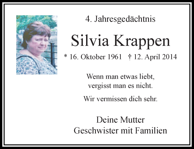  Traueranzeige für Silvia Krappen vom 15.04.2018 aus trauer.extra-tipp-moenchengladbach.de