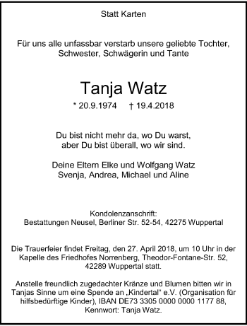 Traueranzeige von Tanja Watz von trauer.wuppertaler-rundschau.de