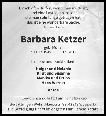 Traueranzeige von Barbara Ketzer von trauer.wuppertaler-rundschau.de