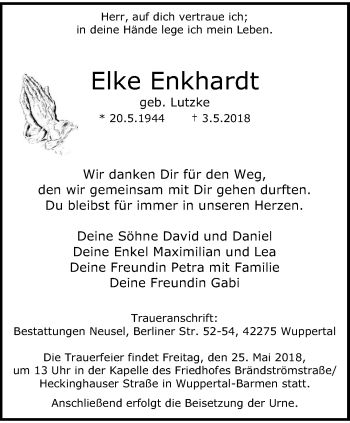 Traueranzeige von Elke Enkhardt von trauer.wuppertaler-rundschau.de