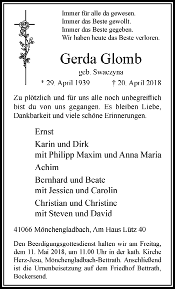 Traueranzeige von Gerda Glomb von trauer.extra-tipp-moenchengladbach.de