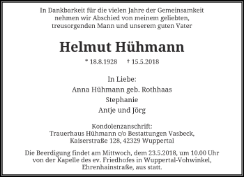 Traueranzeige von Helmut Hühmann von trauer.wuppertaler-rundschau.de