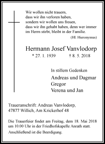 Traueranzeige von Hermann Josef Vanvlodorp von trauer.extra-tipp-moenchengladbach.de