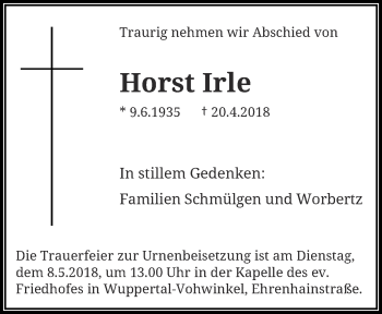 Traueranzeige von Horst Irle von trauer.wuppertaler-rundschau.de