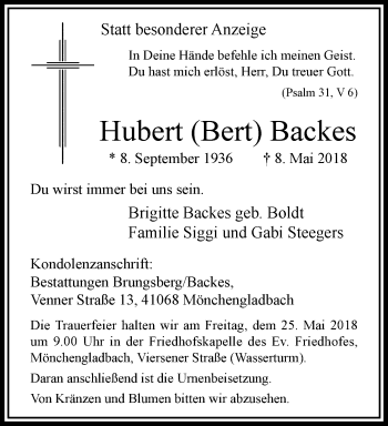 Traueranzeige von Hubert Backes von trauer.extra-tipp-moenchengladbach.de
