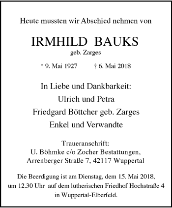 Traueranzeige von Irmhild Bauks von trauer.wuppertaler-rundschau.de