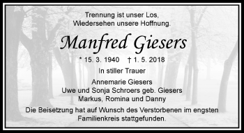 Traueranzeige von Manfred Giesers von trauer.extra-tipp-moenchengladbach.de