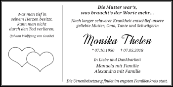 Traueranzeige von Monika Thelen von trauer.wuppertaler-rundschau.de