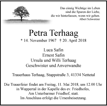 Traueranzeige von Petra Terhaag von trauer.wuppertaler-rundschau.de