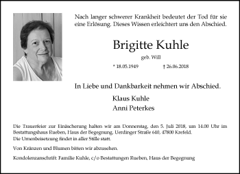 Traueranzeige von Brigitte Kuhle von trauer.mein.krefeld.de