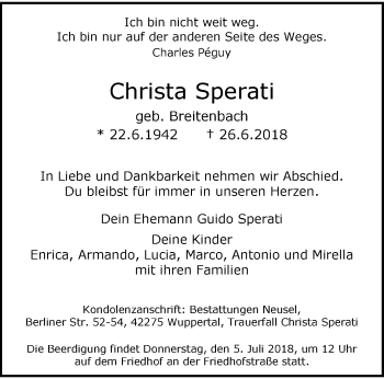 Traueranzeige von Christa Sperati von trauer.wuppertaler-rundschau.de