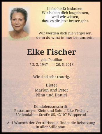 Traueranzeige von Elke Fischer von trauer.wuppertaler-rundschau.de