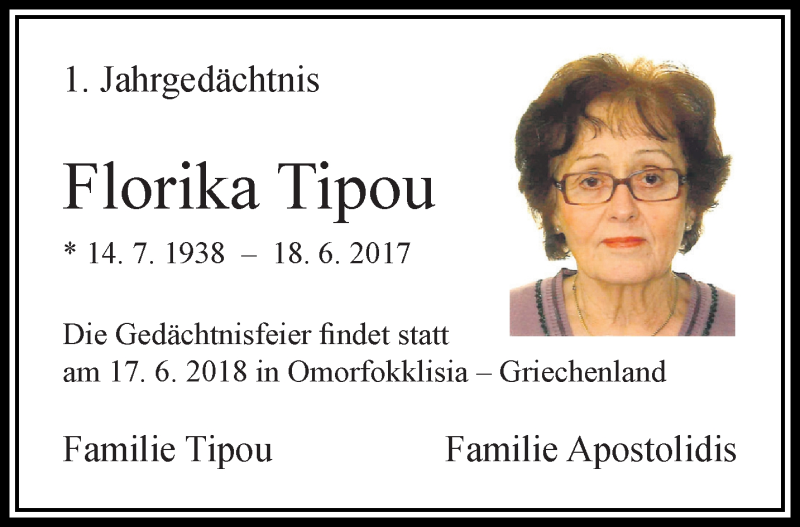  Traueranzeige für Florika Tipou vom 03.06.2018 aus trauer.extra-tipp-moenchengladbach.de