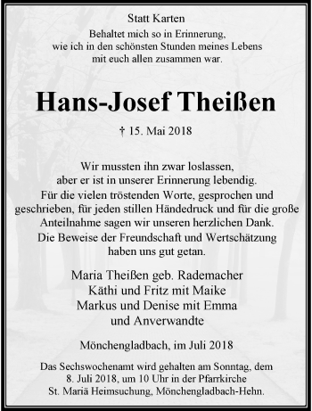 Traueranzeige von Hans-Josef Theißen von trauer.extra-tipp-moenchengladbach.de