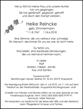 Traueranzeige von Heike Reincke von trauer.wuppertaler-rundschau.de