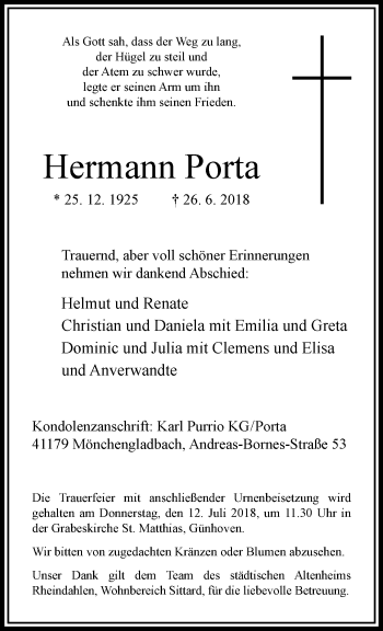 Traueranzeige von Hermann Porta von trauer.extra-tipp-moenchengladbach.de