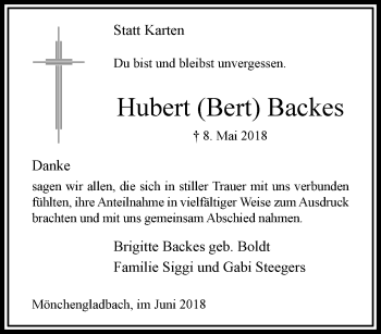 Traueranzeige von Hubert Backes von trauer.extra-tipp-moenchengladbach.de