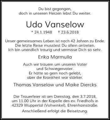 Traueranzeige von Udo Vanselow von trauer.wuppertaler-rundschau.de