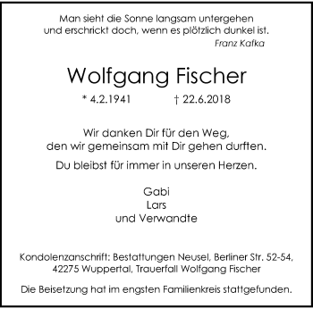 Traueranzeige von Wolfgang Fischer von trauer.wuppertaler-rundschau.de