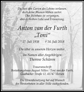 Traueranzeige von Anton van der Furth von trauer.extra-tipp-moenchengladbach.de