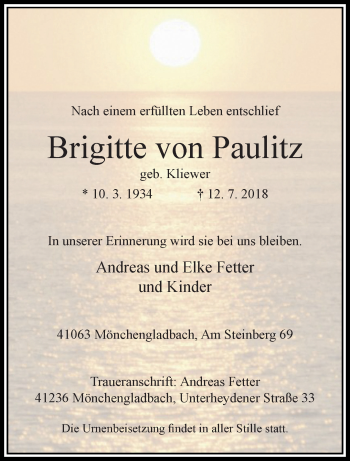 Traueranzeige von Brigitte von Paulitz von trauer.extra-tipp-moenchengladbach.de