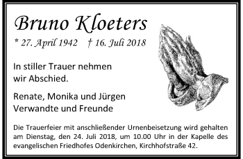 Traueranzeige von Bruno Kloeters von trauer.extra-tipp-moenchengladbach.de